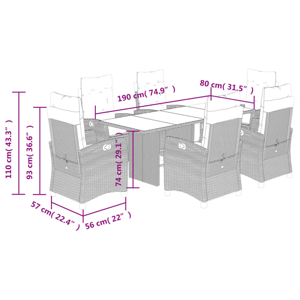 vidaXL 7 pcs conjunto de jantar p/ jardim c/ almofadões vime PE cinza