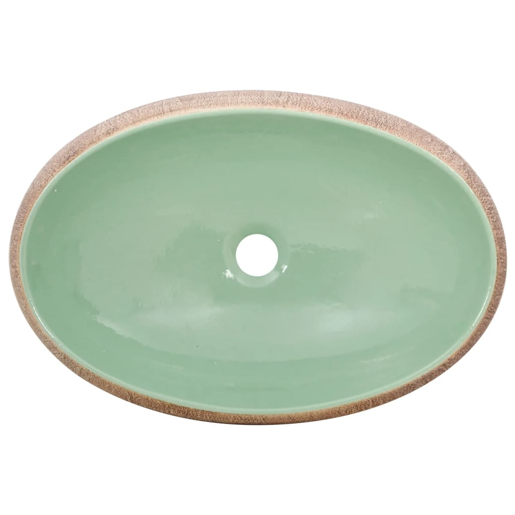 vidaXL Lavatório de bancada oval 59x40x15 cm cerâmica verde e castanho