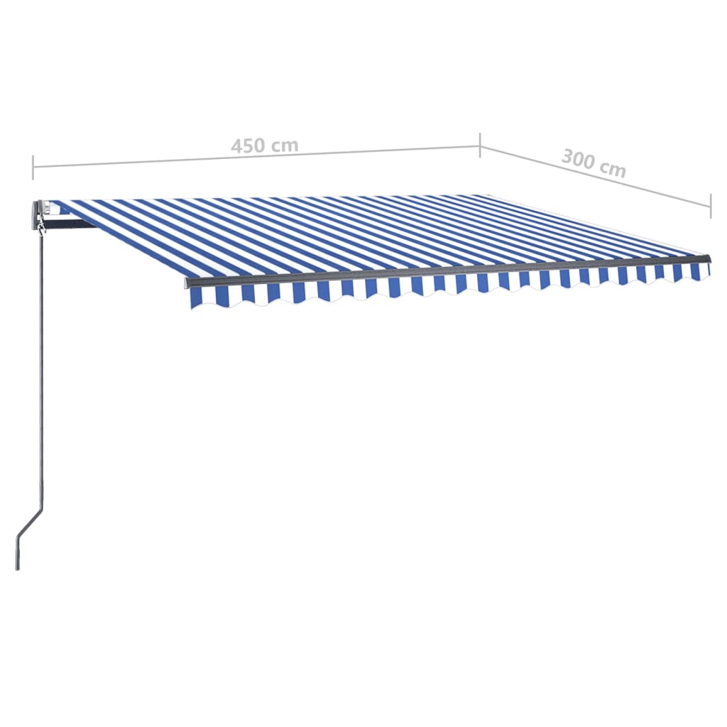 vidaXL Toldo autom. c/ LED e sensor de vento 450x300 cm azul/branco