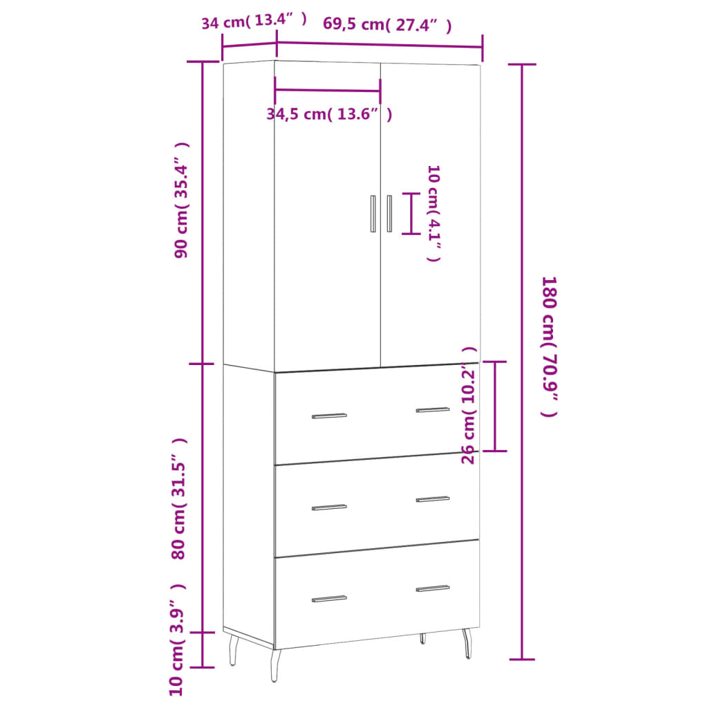 vidaXL Armário alto 69,5x34x180 cm derivados de madeira cor sonoma