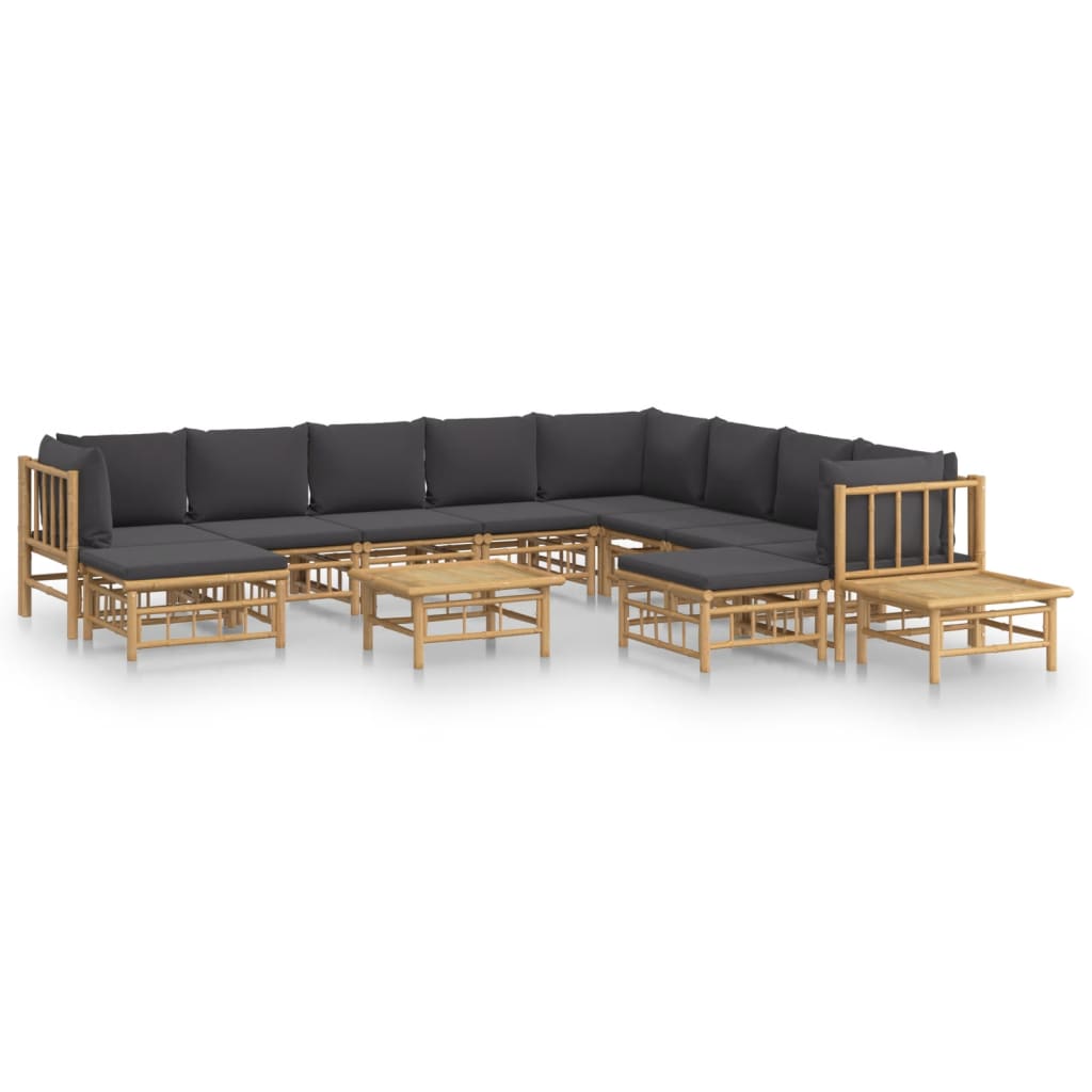 vidaXL 12pcs conj. lounge de jardim bambu c/ almofadões cinza-escuro