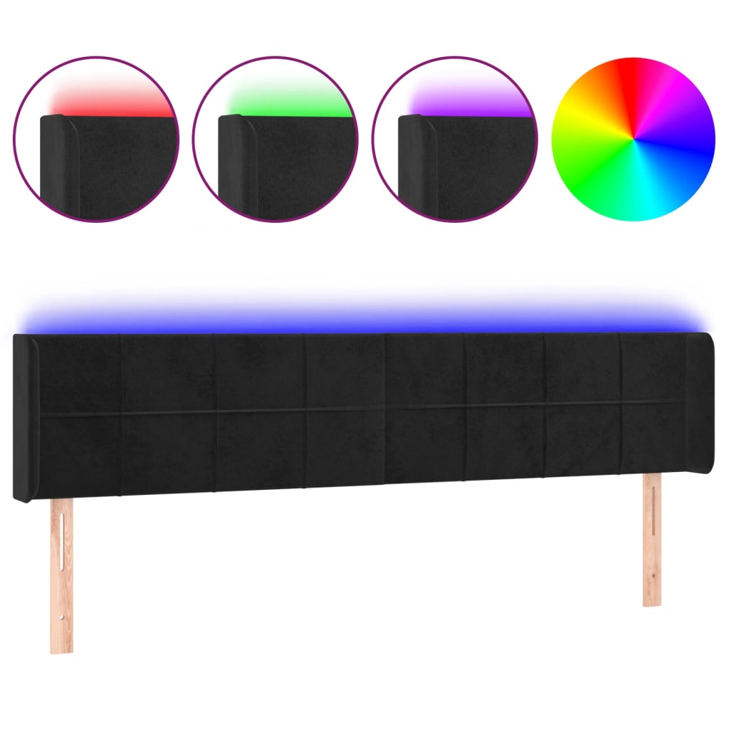 vidaXL Cabeceira de cama c/ luzes LED veludo 183x16x78/88 cm preto