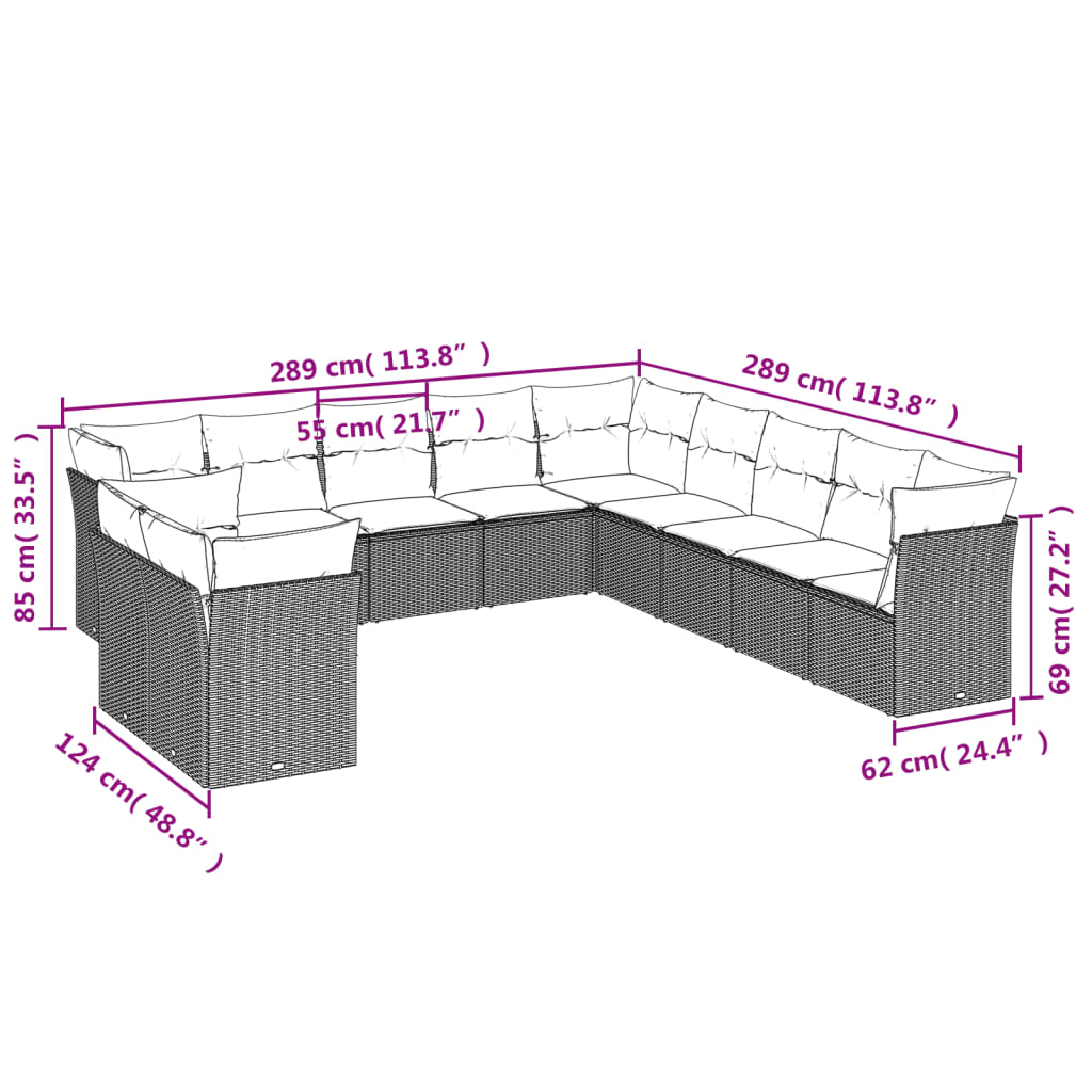 vidaXL 11 pcs conjunto sofás de jardim c/ almofadões vime PE cinzento