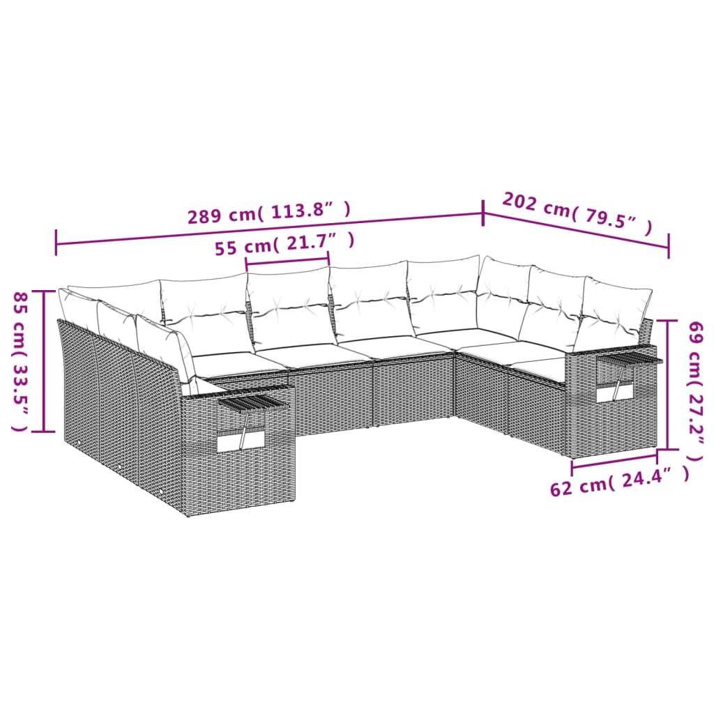 vidaXL 9 pcs conjunto de sofás p/ jardim c/ almofadões vime PE preto