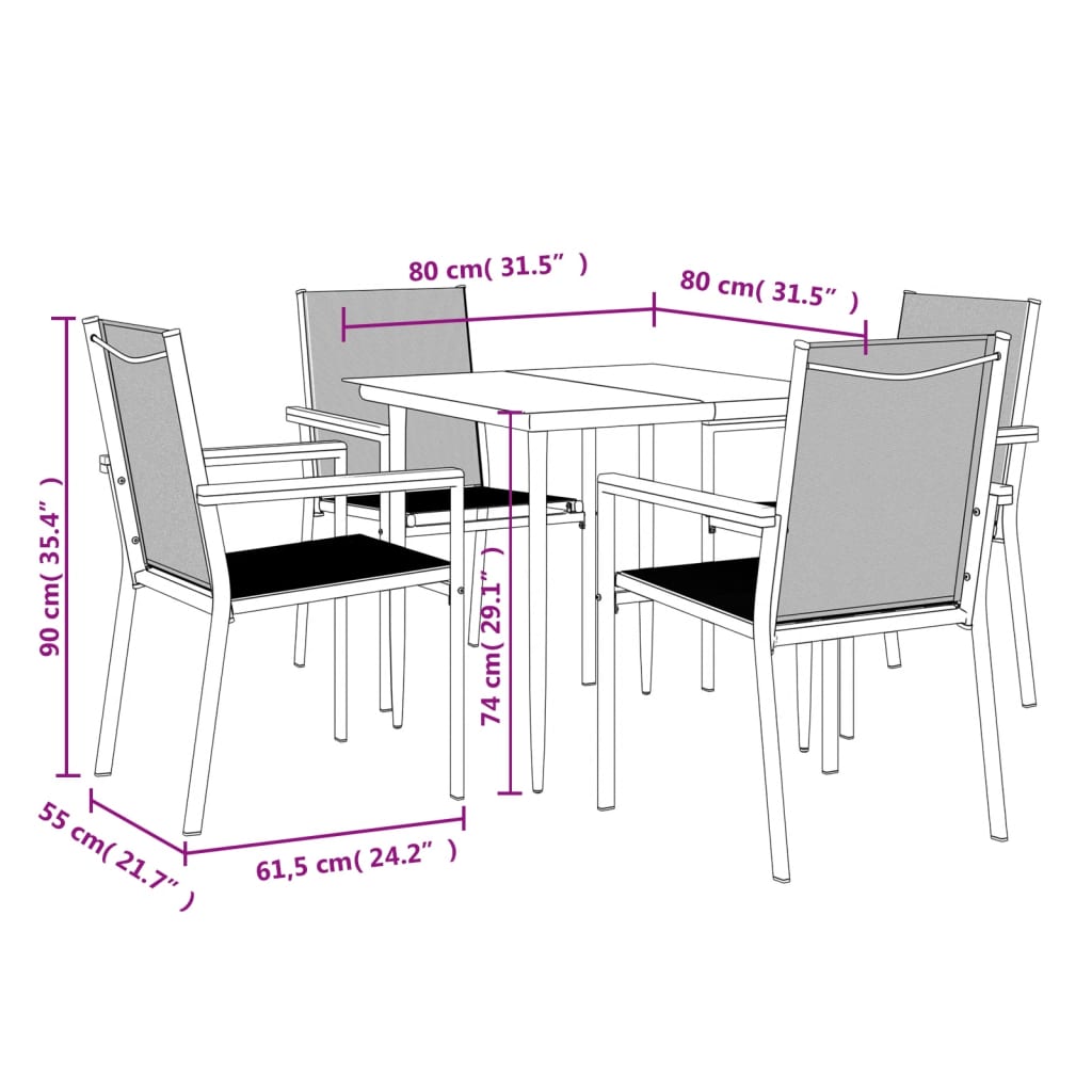 vidaXL 5 pcs conjunto de jantar para jardim textilene e aço preto