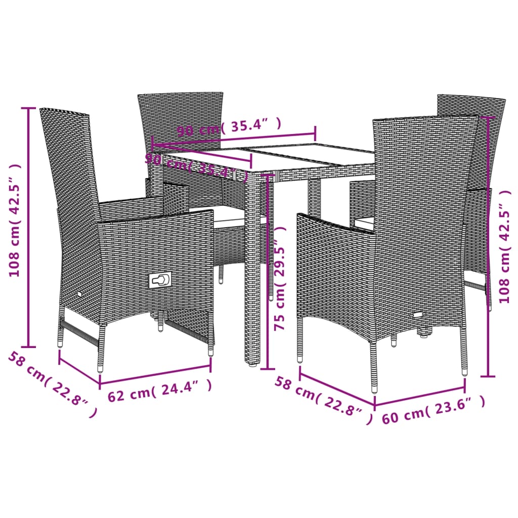 vidaXL 5 pcs conjunto de jantar p/ jardim com almofadões vime PE bege