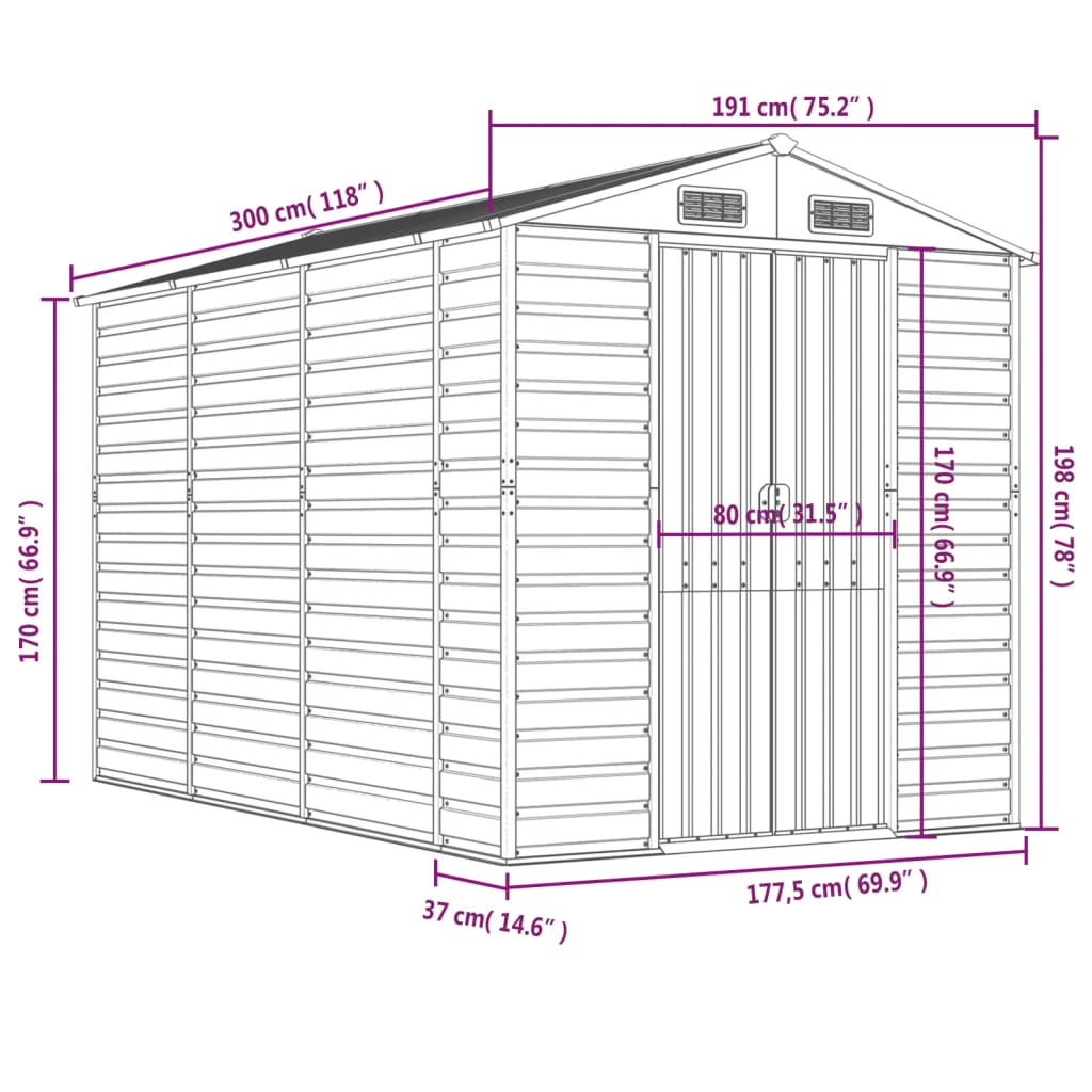 vidaXL Abrigo de jardim 191x300x198 cm aço galvanizado cinzento-claro