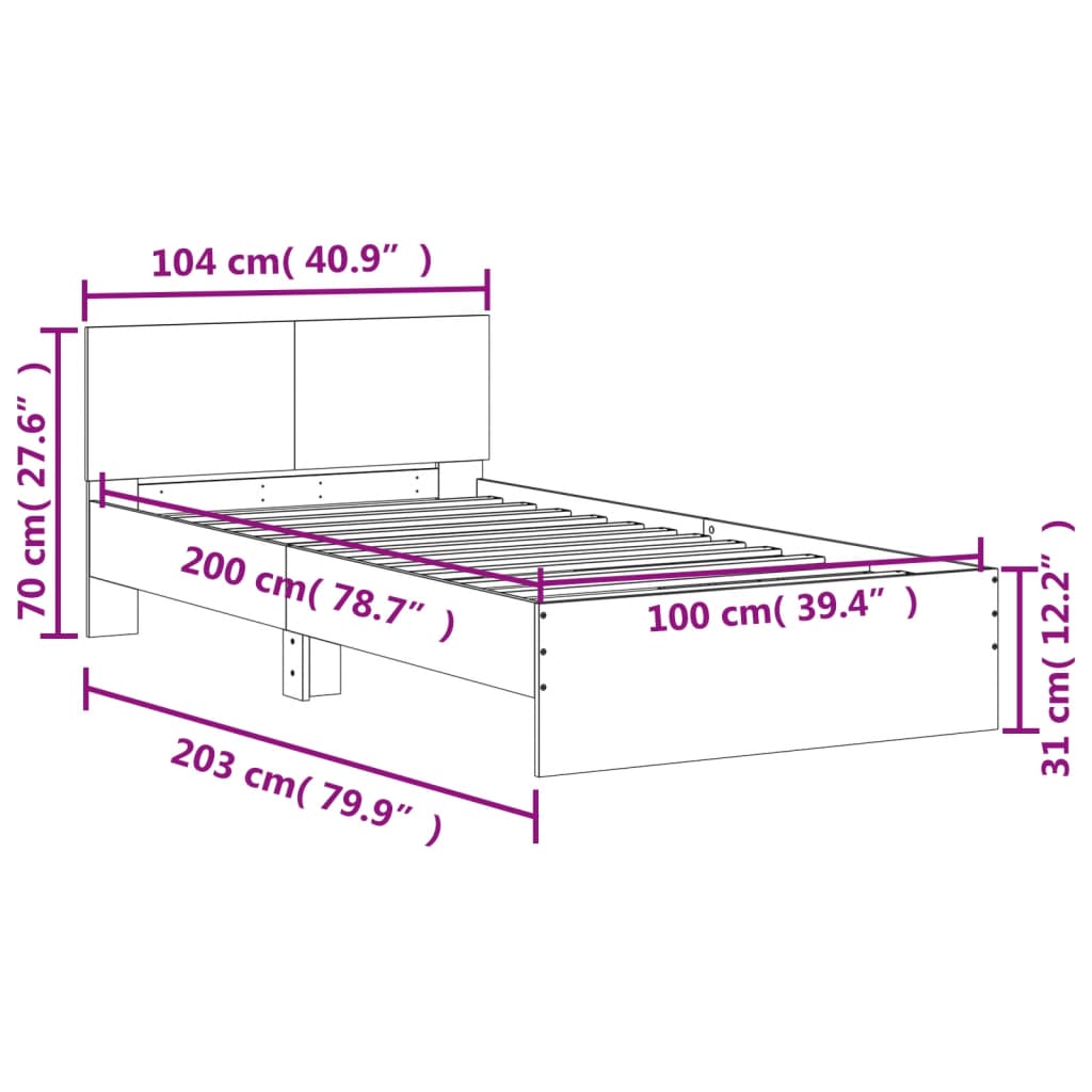 vidaXL Estrutura de cama c/ cabeceira/luzes LED 100x200cm cinza sonoma