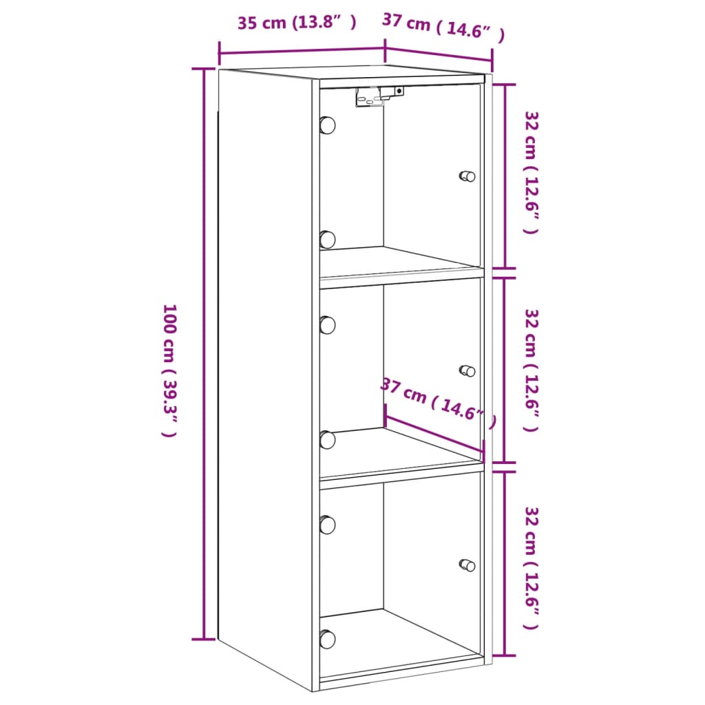 vidaXL Armário de parede c/ portas vidro 35x37x100 cm carvalho sonoma