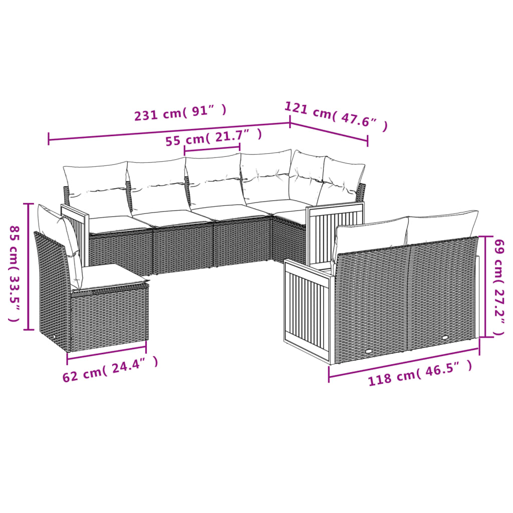 vidaXL 8 pcs conjunto sofás de jardim com almofadões vime PE preto