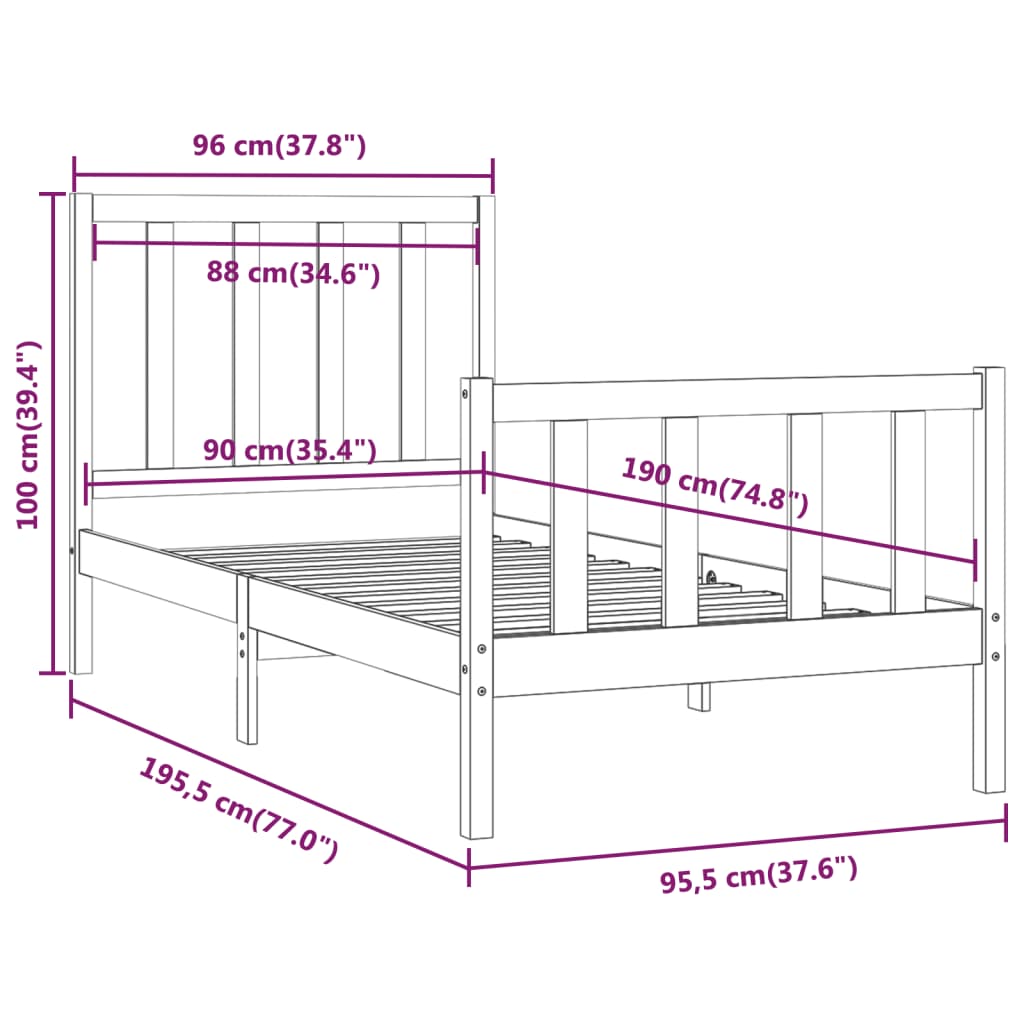 vidaXL Estrutura de cama solteiro 90x190 cm madeira maciça preto