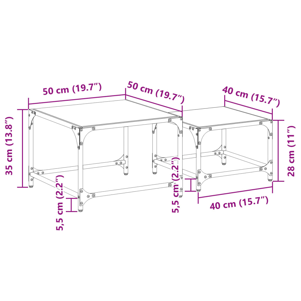 vidaXL Mesas de centro encastrar 2 pcs c/ tampo vidro transparente aço