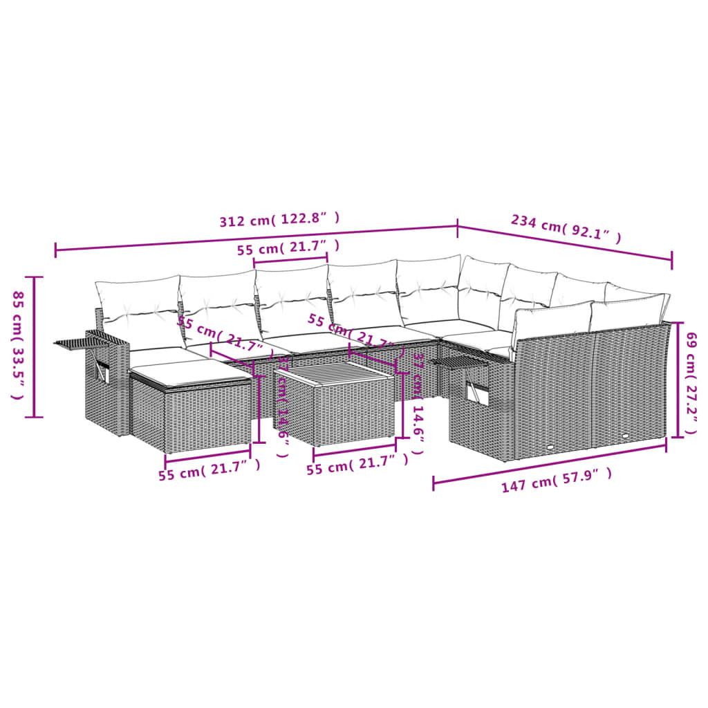 vidaXL 11 pcs conjunto sofás de jardim c/ almofadões vime PE preto