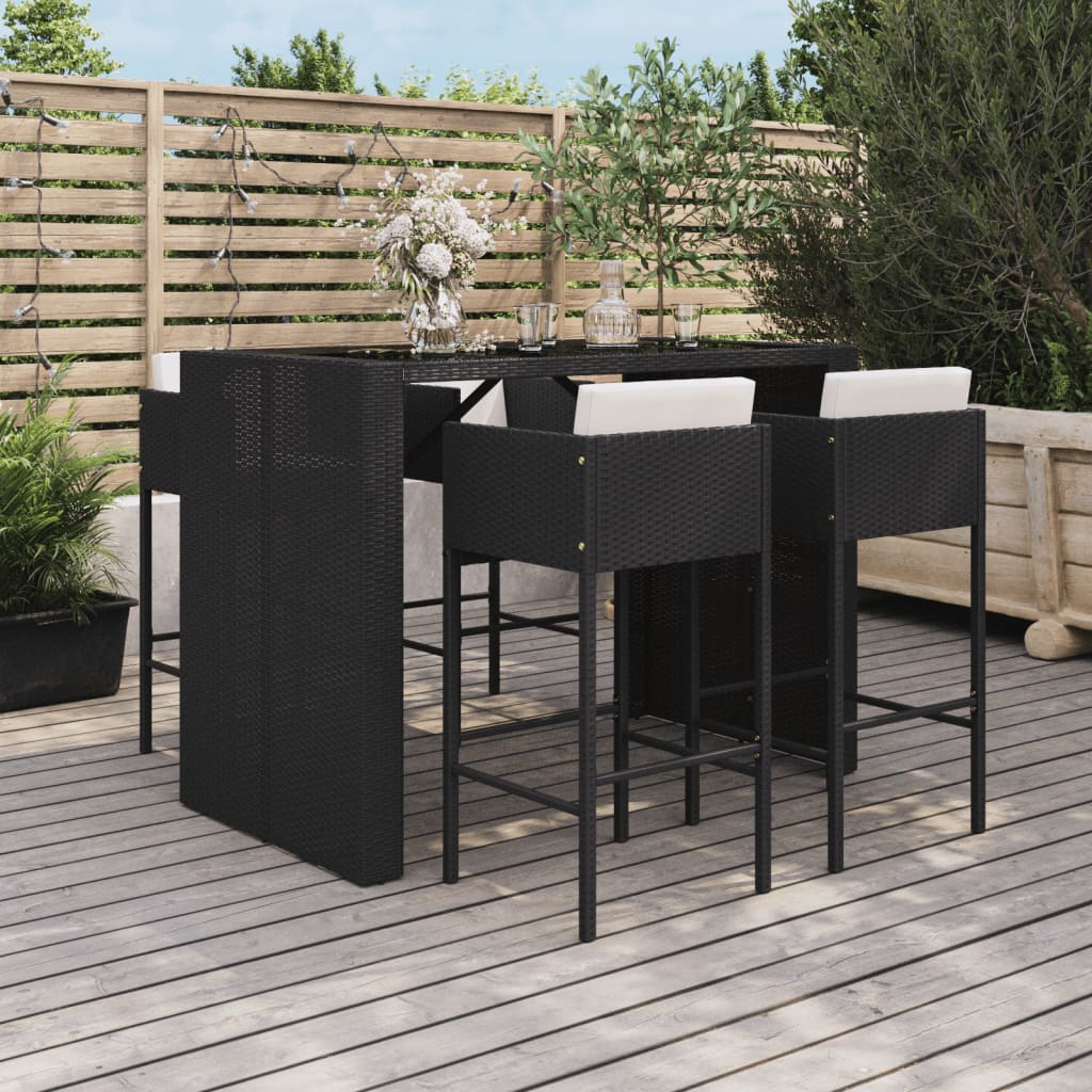 vidaXL 5 pcs conjunto de bar p/ jardim c/ almofadões vime PE preto