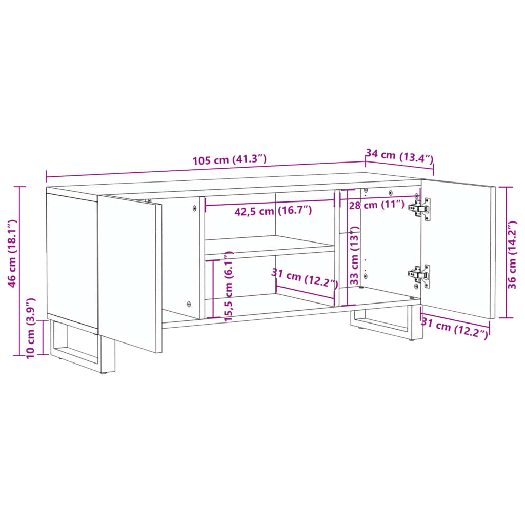 vidaXL Móvel de TV 105x34x46 cm madeira de mangueira maciça branco