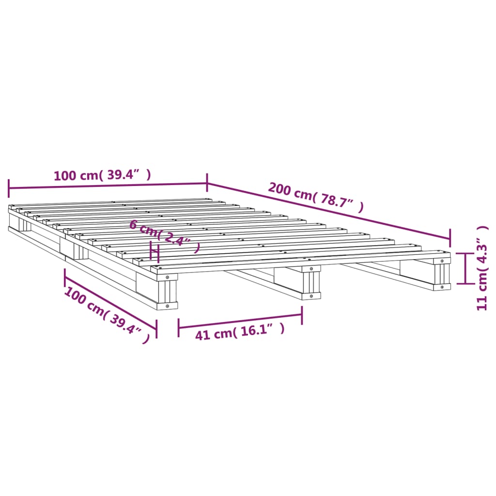 vidaXL Cama de paletes 100x200 cm madeira de pinho maciça cinza