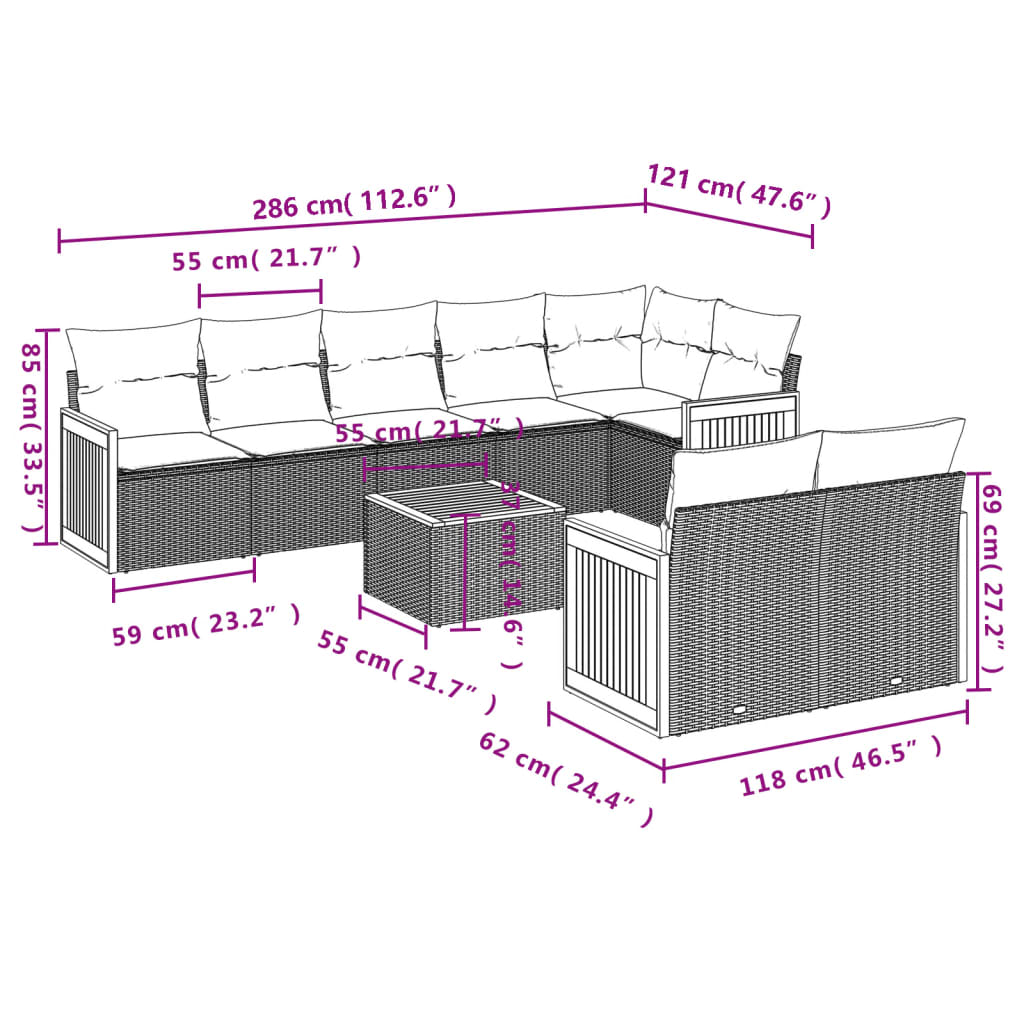 vidaXL 9 pcs conjunto sofás p/ jardim com almofadões vime PE cinzento