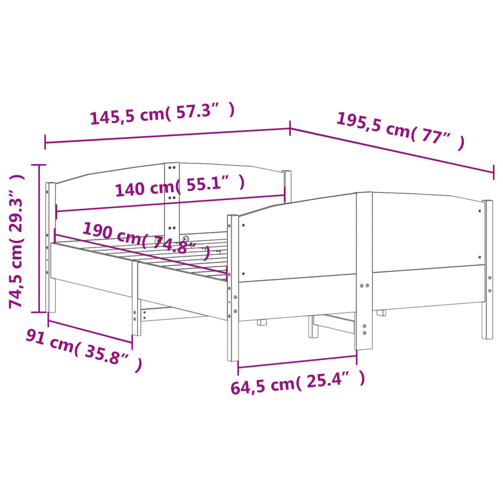 vidaXL Cama sem colchão 140x190 cm madeira de pinho maciça