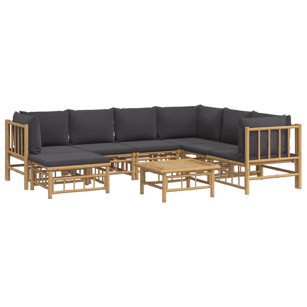 vidaXL 8pcs conj. lounge de jardim bambu c/ almofadões cinzento-escuro