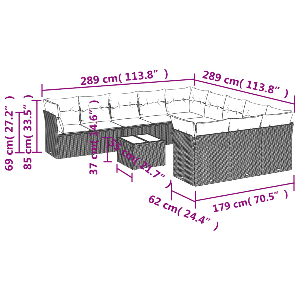 vidaXL 12 pcs conjunto de sofás de jardim c/ almofadões vime PE preto