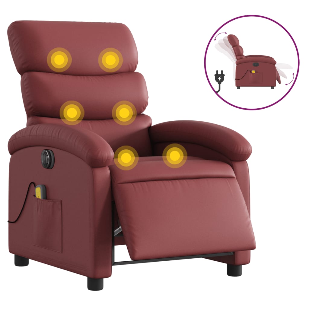 vidaXL Poltrona massagens reclin. elétrica couro artif. vermelho-tinto