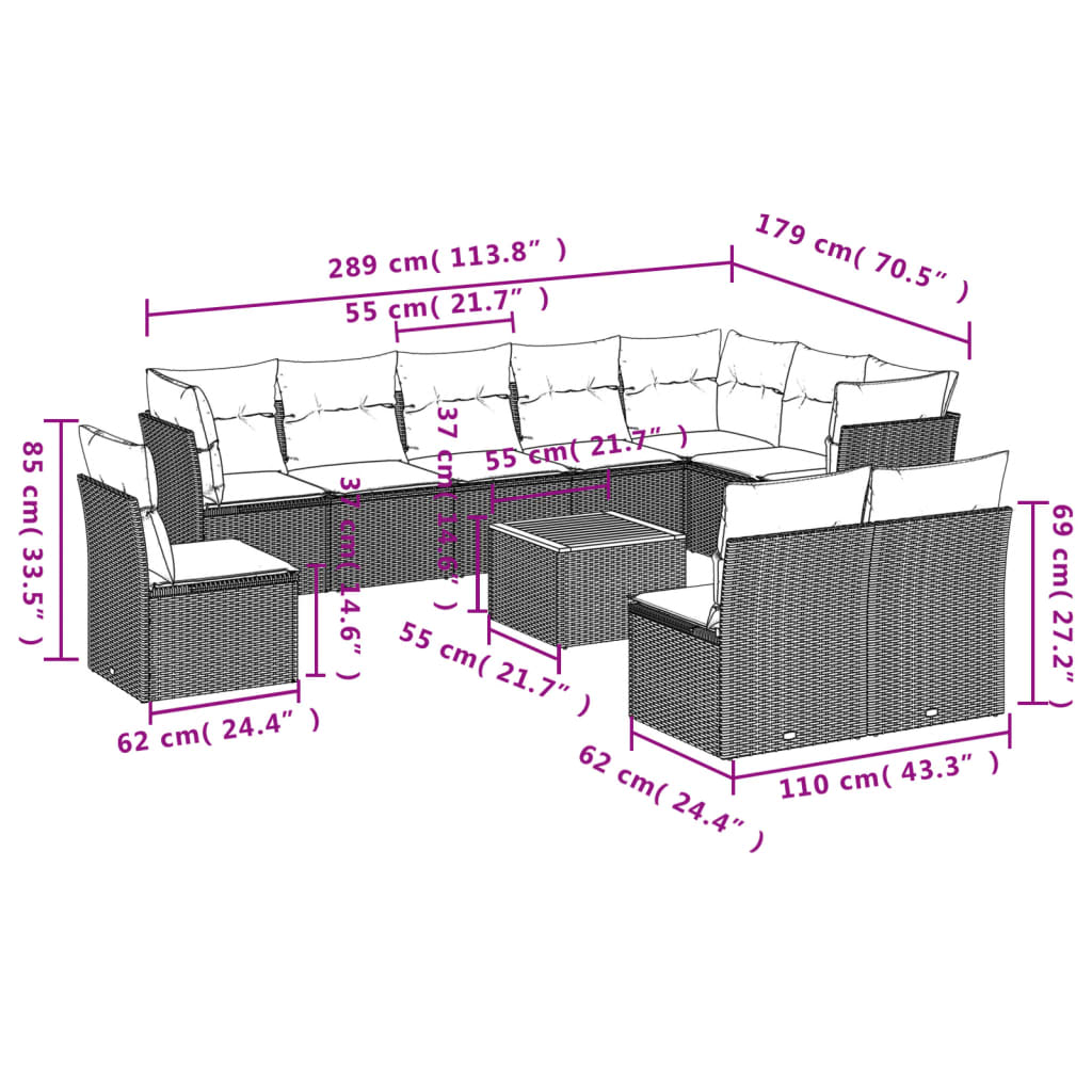 vidaXL 11 pcs conjunto sofás de jardim c/ almofadões vime PE preto