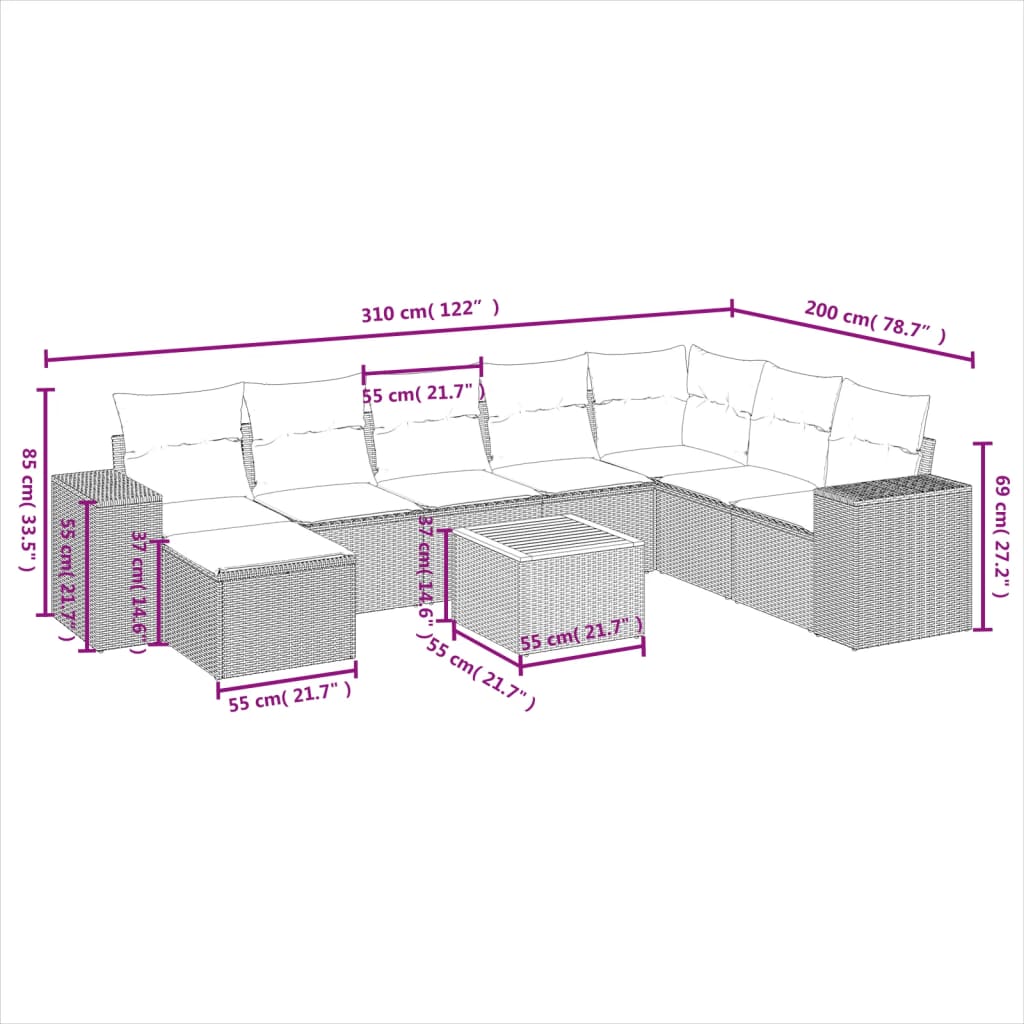 vidaXL 9 pcs conjunto sofás p/ jardim com almofadões vime PE cinzento