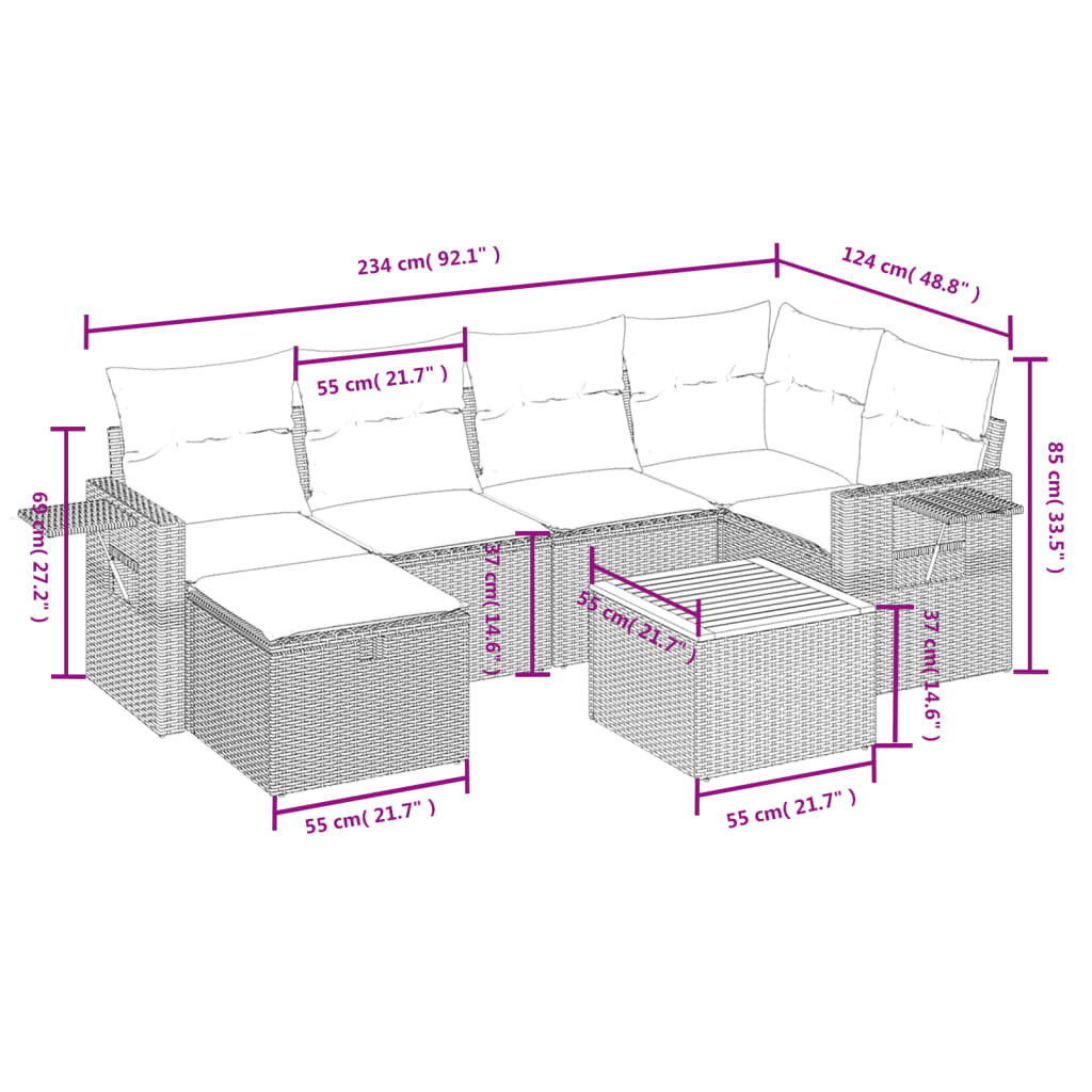 vidaXL 7 pcs conj. sofás jardim c/ almofadões vime PE bege misturado