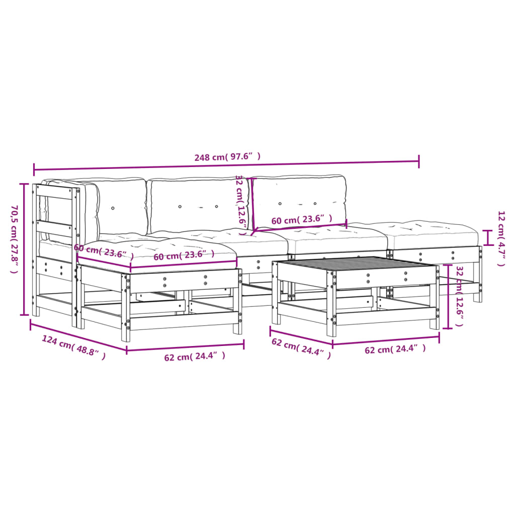 vidaXL 6pcs conjunto lounge jardim c/ almofadões madeira maciça branco