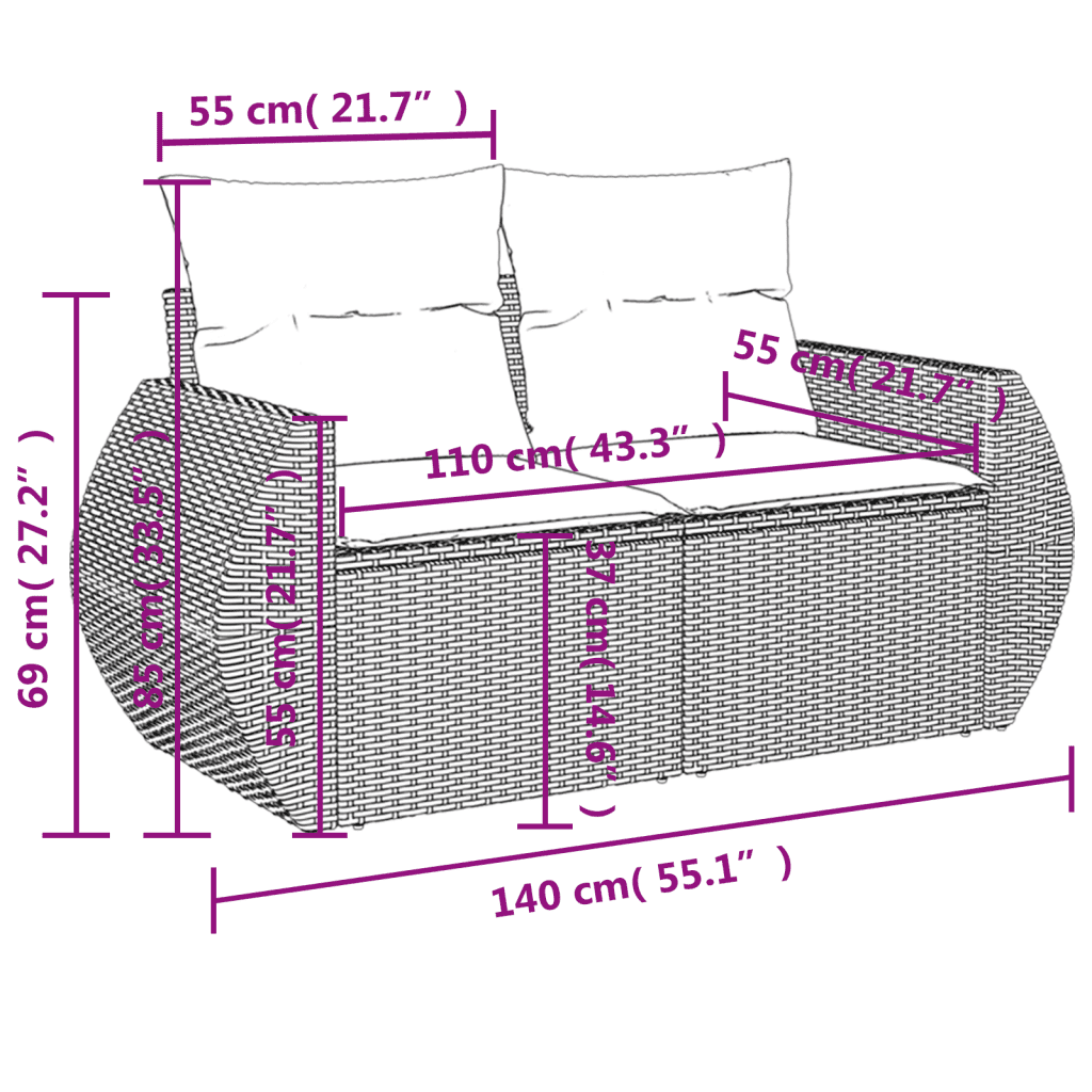 vidaXL 3 pcs conjunto de sofás p/ jardim com almofadões vime PE bege