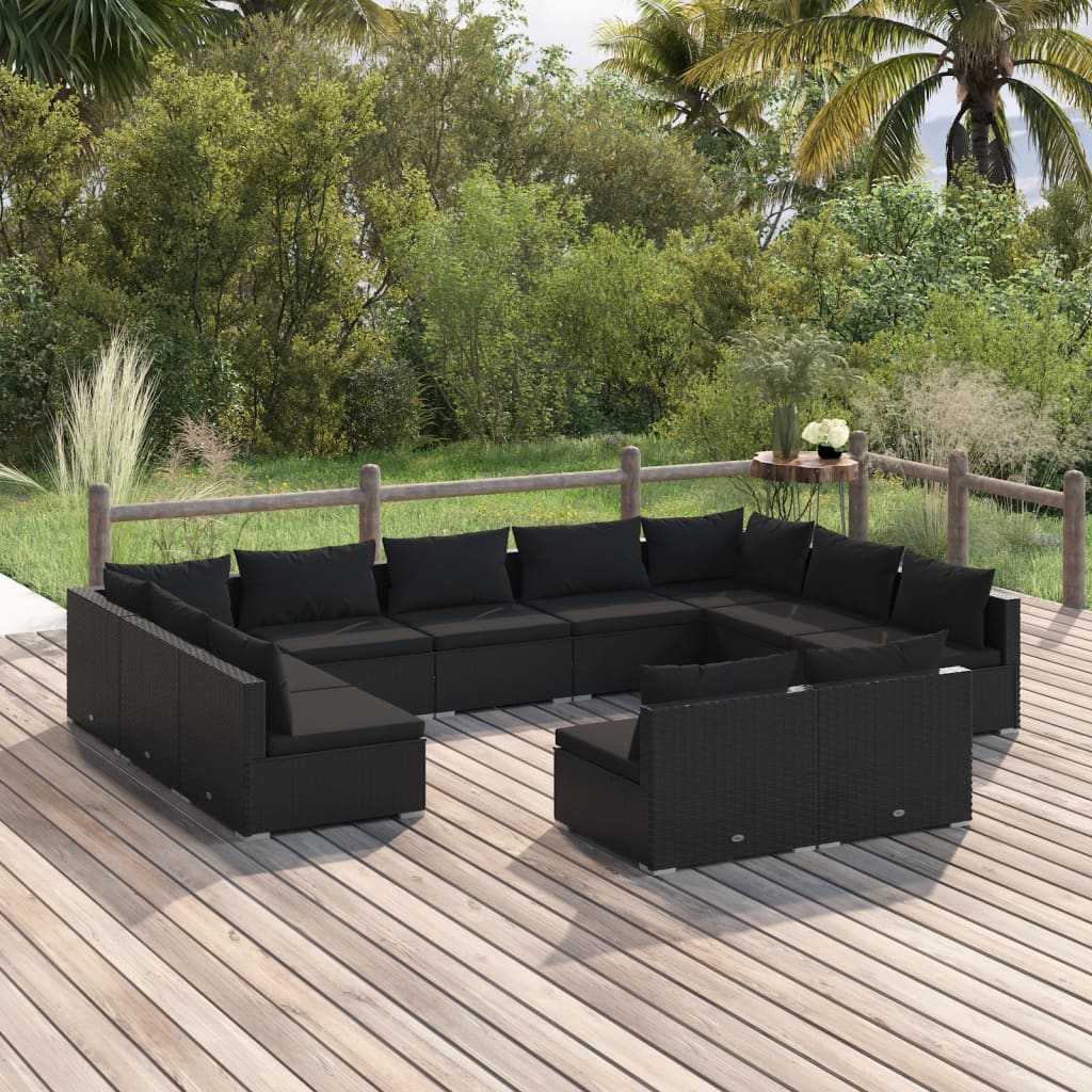 vidaXL 11 pcs conjunto lounge de jardim c/ almofadões vime PE preto