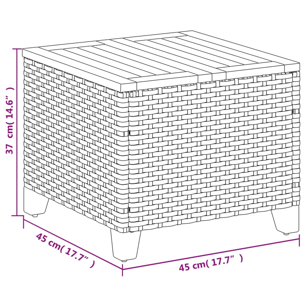 vidaXL Mesa de jardim 45x45x37 cm vime PE e madeira de acácia cinzento