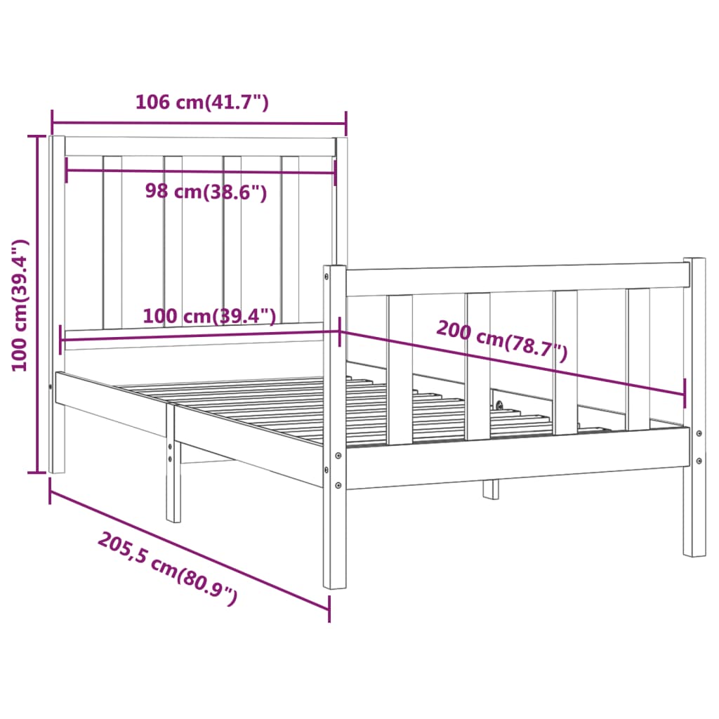 vidaXL Estrutura de cama 100x200 cm madeira maciça preto