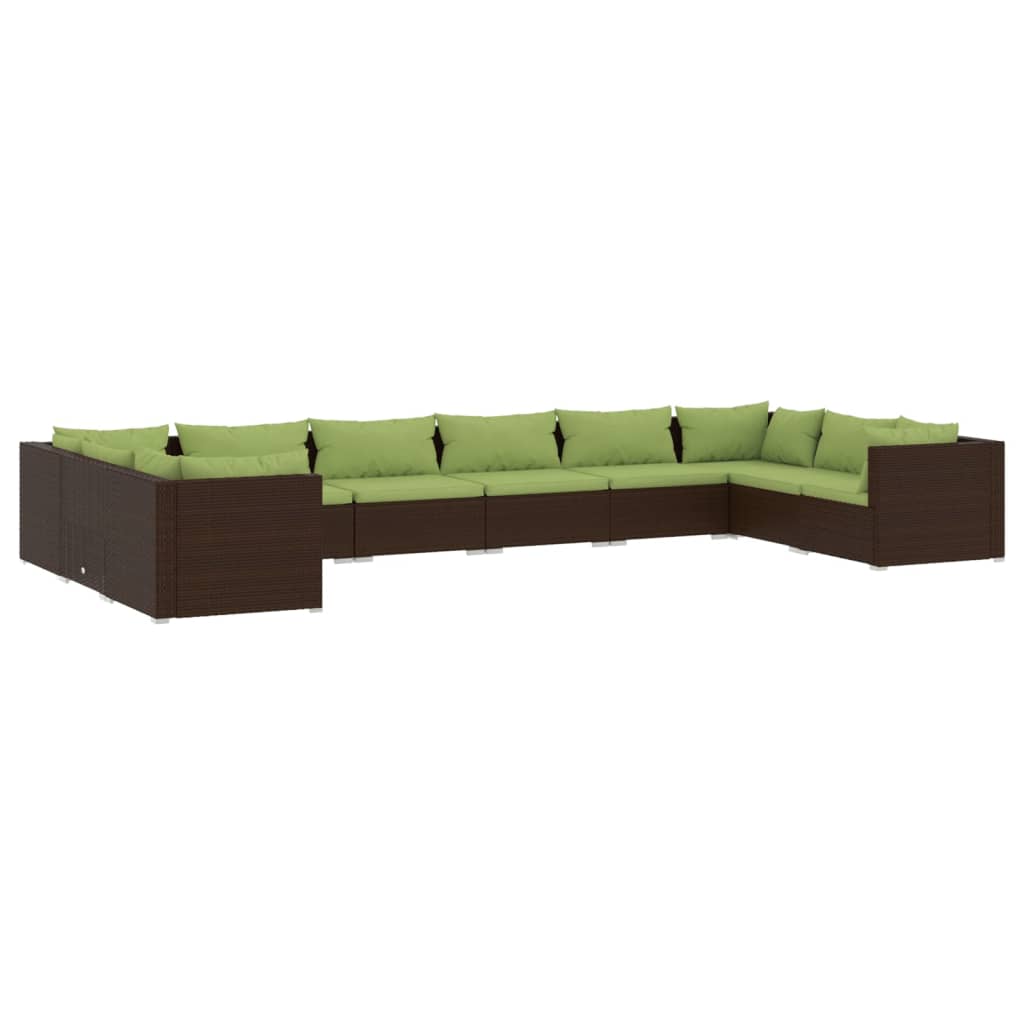 vidaXL 10 pcs conjunto lounge de jardim c/ almofadões vime PE castanho