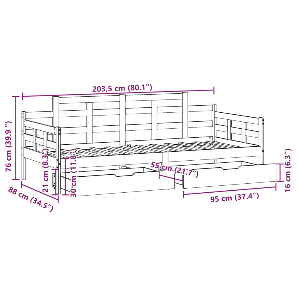 vidaXL Sofá-cama com gavetas 80x200 cm madeira de pinho maciça