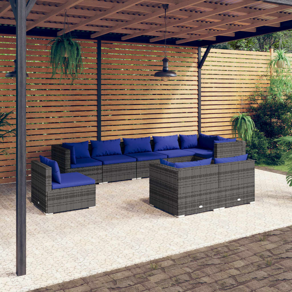 vidaXL 9 pcs conjunto lounge de jardim c/ almofadões vime PE cinzento