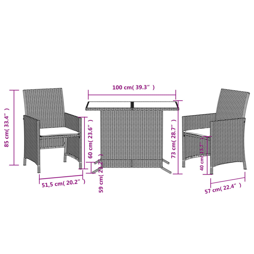 vidaXL 3 pcs conjunto bistrô com almofadões vime PE bege