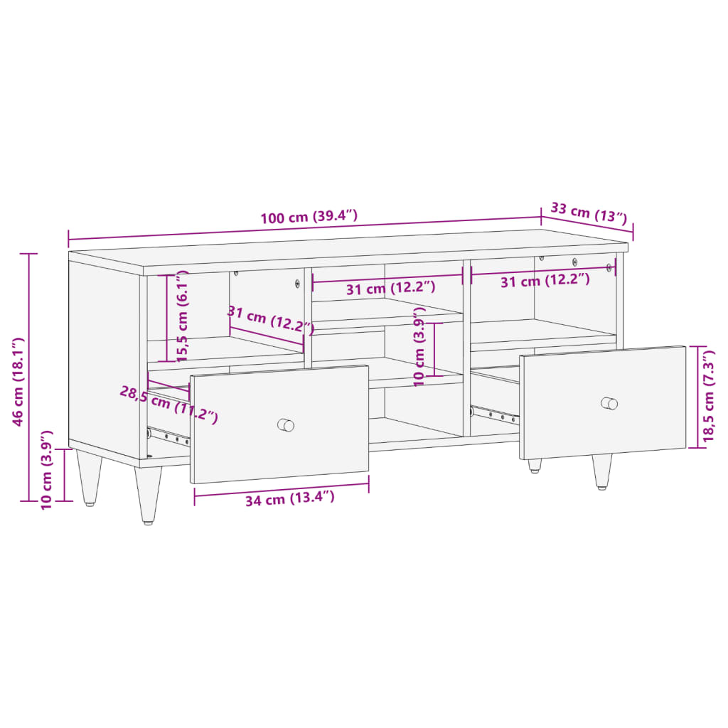 vidaXL Móvel de TV 100x33x46 cm madeira de mangueira maciça