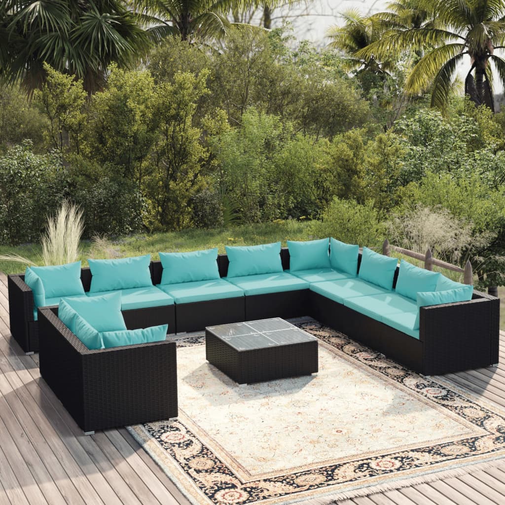 vidaXL 11 pcs conjunto lounge de jardim c/ almofadões vime PE preto