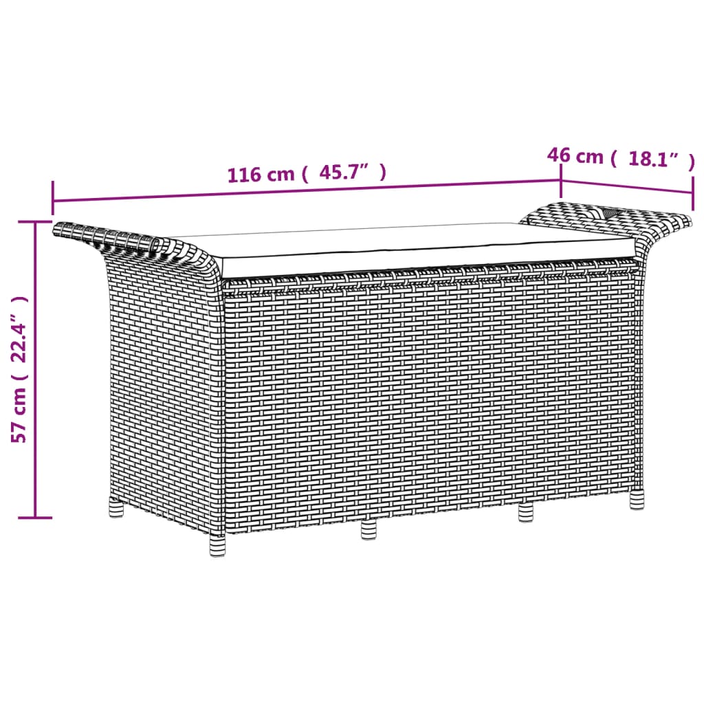 vidaXL Banco de jardim com almofadão 116x46x57 cm vime PE castanho