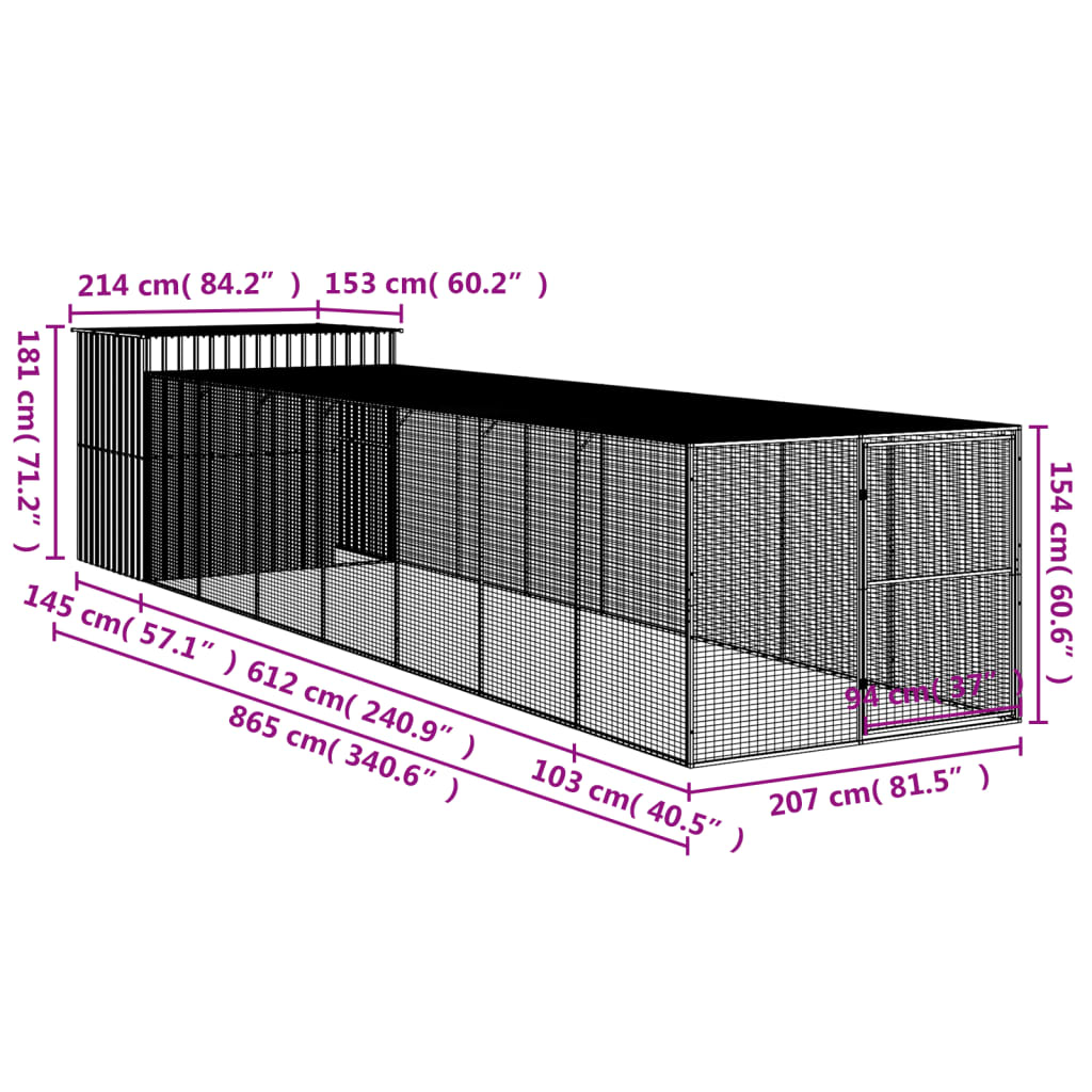 vidaXL Casota cães c/ parque 214x865x181 cm aço galvaniz. cinza-claro