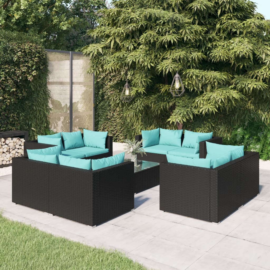 vidaXL 9 pcs conjunto lounge de jardim c/ almofadões vime PE preto