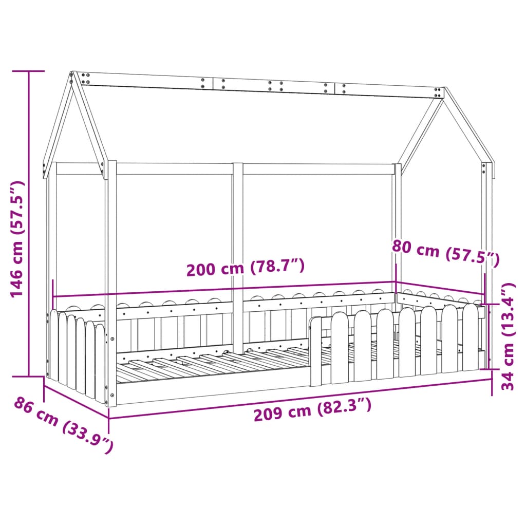 vidaXL Cama infantil formato casa 80x200 cm pinho maciço branco