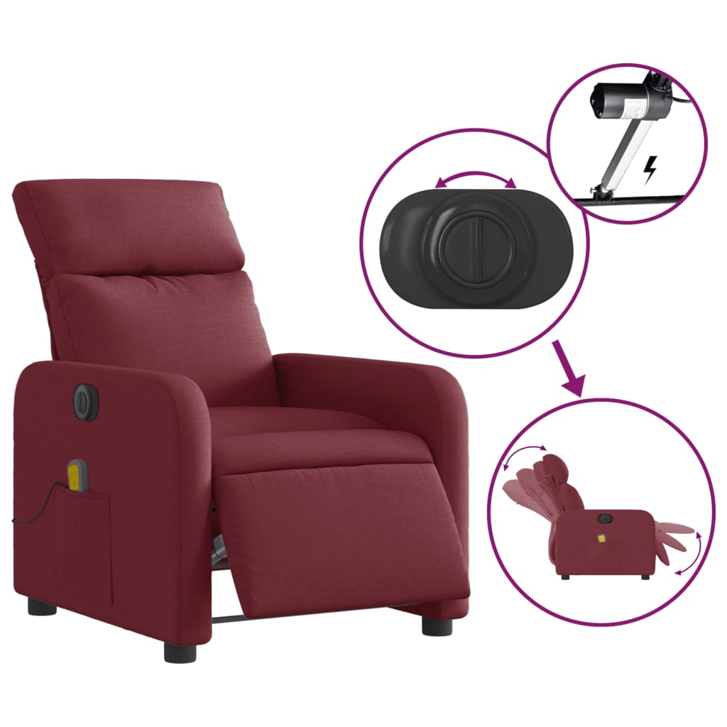 vidaXL Poltrona reclinável de massagens elétrica tecido vermelho tinto