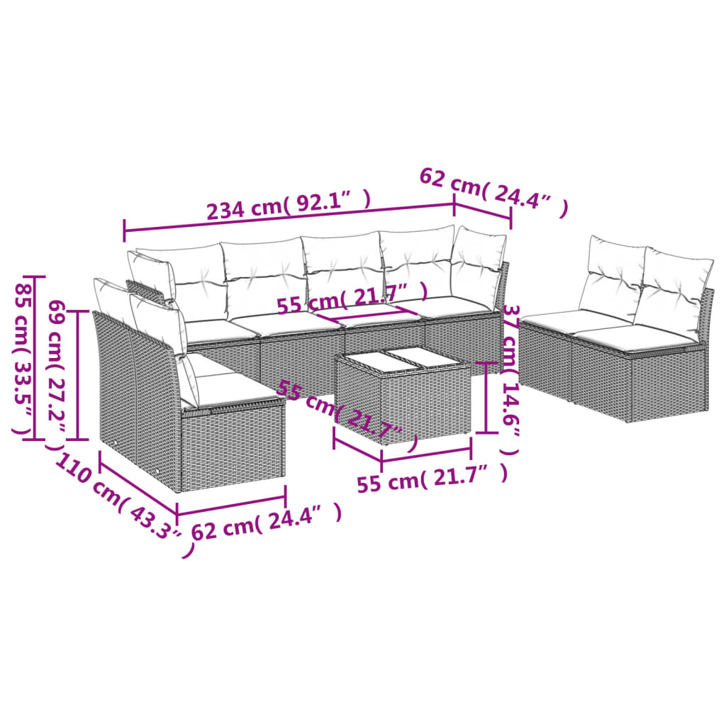 vidaXL 9 pcs conjunto sofás p/ jardim com almofadões vime PE cinzento