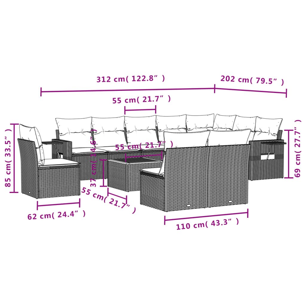 vidaXL 11 pcs conjunto sofás de jardim c/ almofadões vime PE cinzento