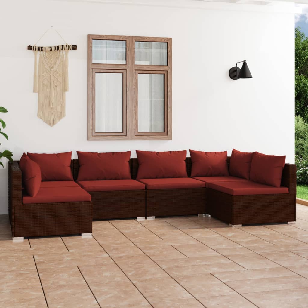 vidaXL 6 pcs conjunto lounge jardim c/ almofadões vime PE castanho