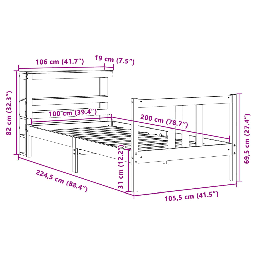 vidaXL Estrutura de cama com cabeceira 100x200cm pinho maciço branco