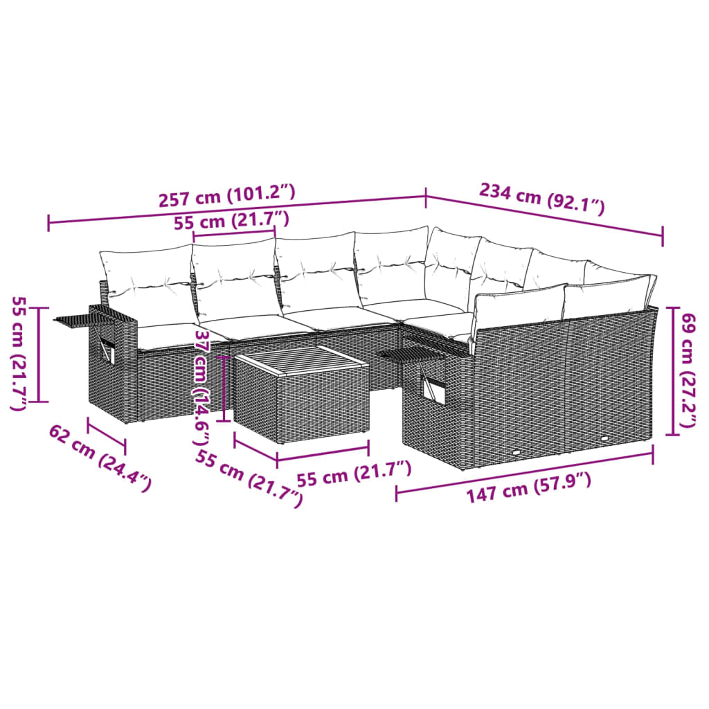 vidaXL 9 pcs conjunto sofás p/ jardim com almofadões vime PE cinzento