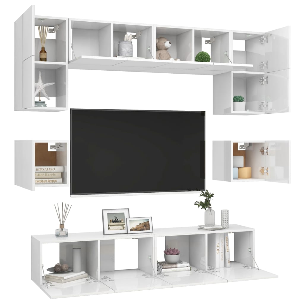 vidaXL 8 pcs conjunto de móveis de TV contraplacado branco brilhante